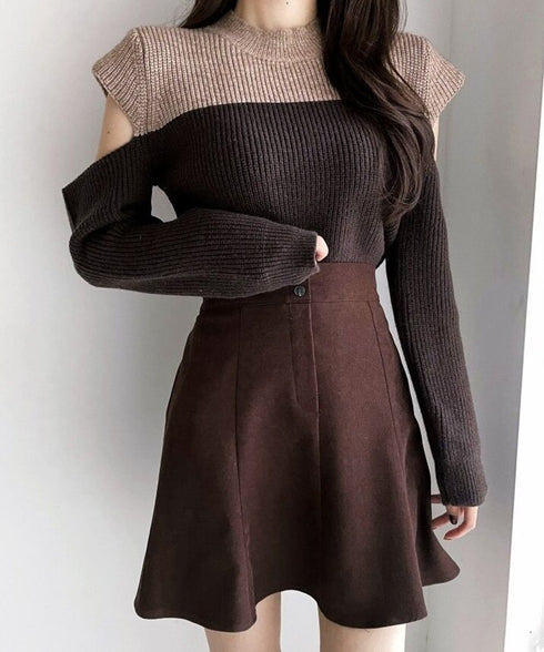 Two-Tone Shoulder Cutout Knit Top